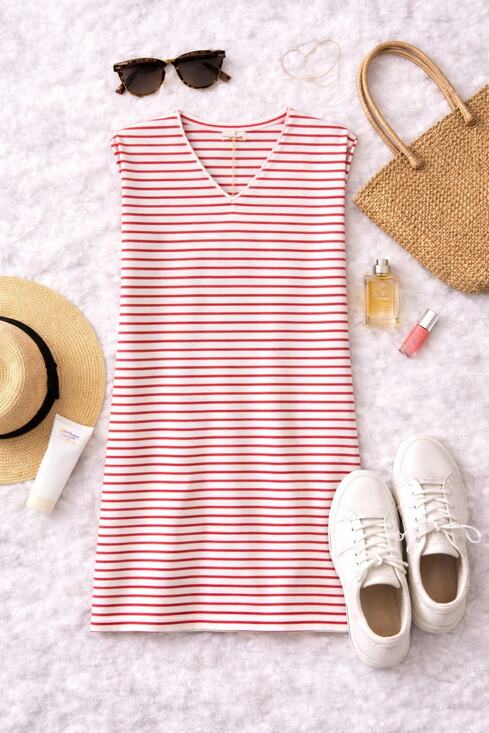 Madewell Dresses & Skirts - Madewell Women's Vacances Striped Sleeveless Shift Dress Red Cream V-Neck SZ XS